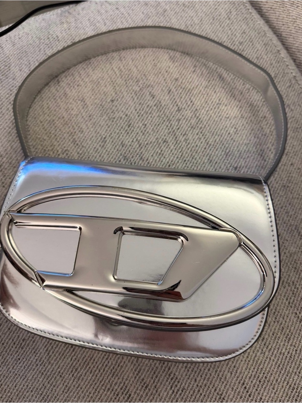 Diesel Silver Metallic Shoulder Bag with Sculpted Logo Accent